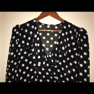 1990s polka dot long sleeve dress with ruffle neck